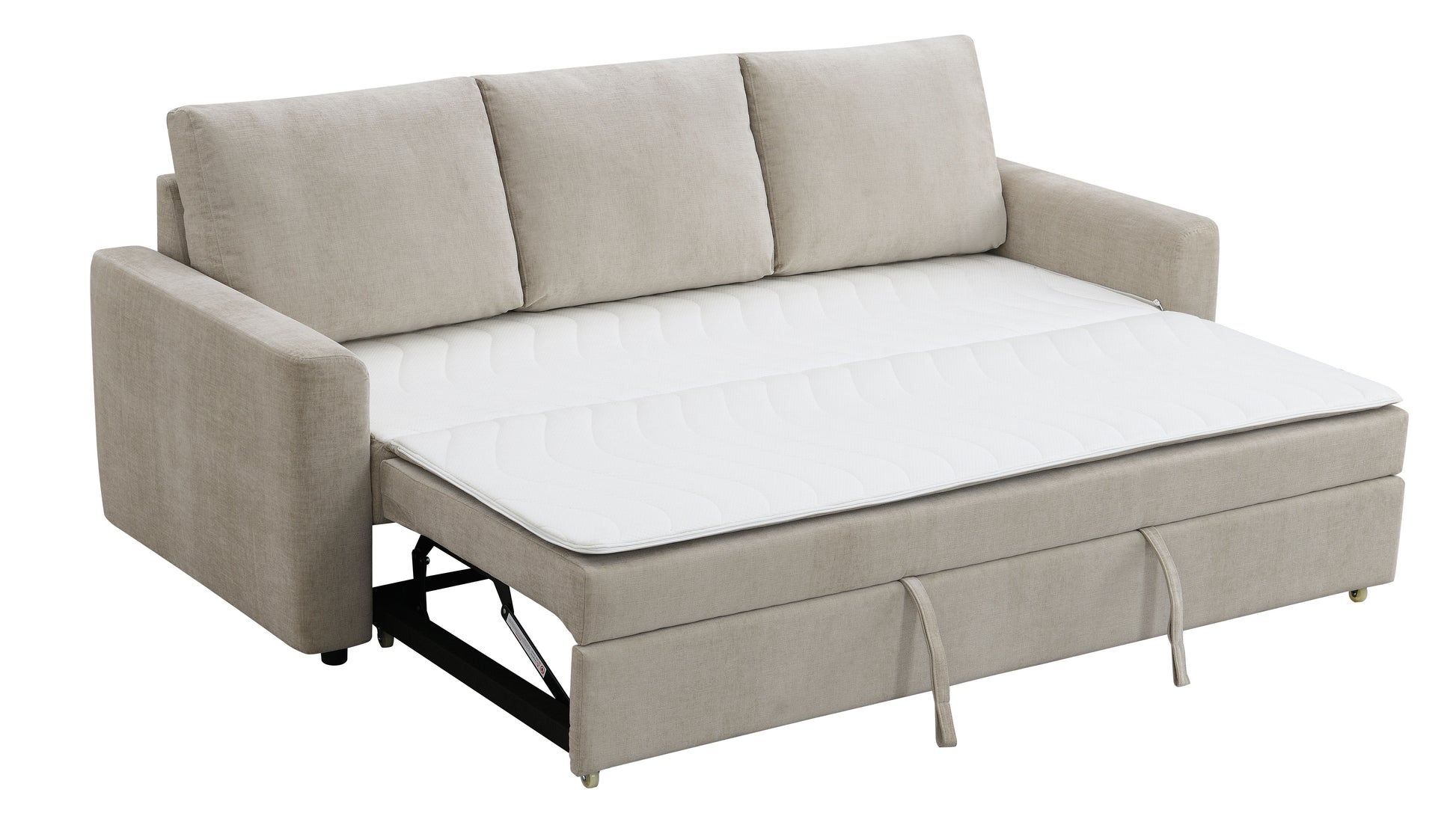 The Leira Linen Pull Out Sleeper Sofa in beige features a partially extended bed with three back cushions, supported by a black metal extension and a stitched white mattress.