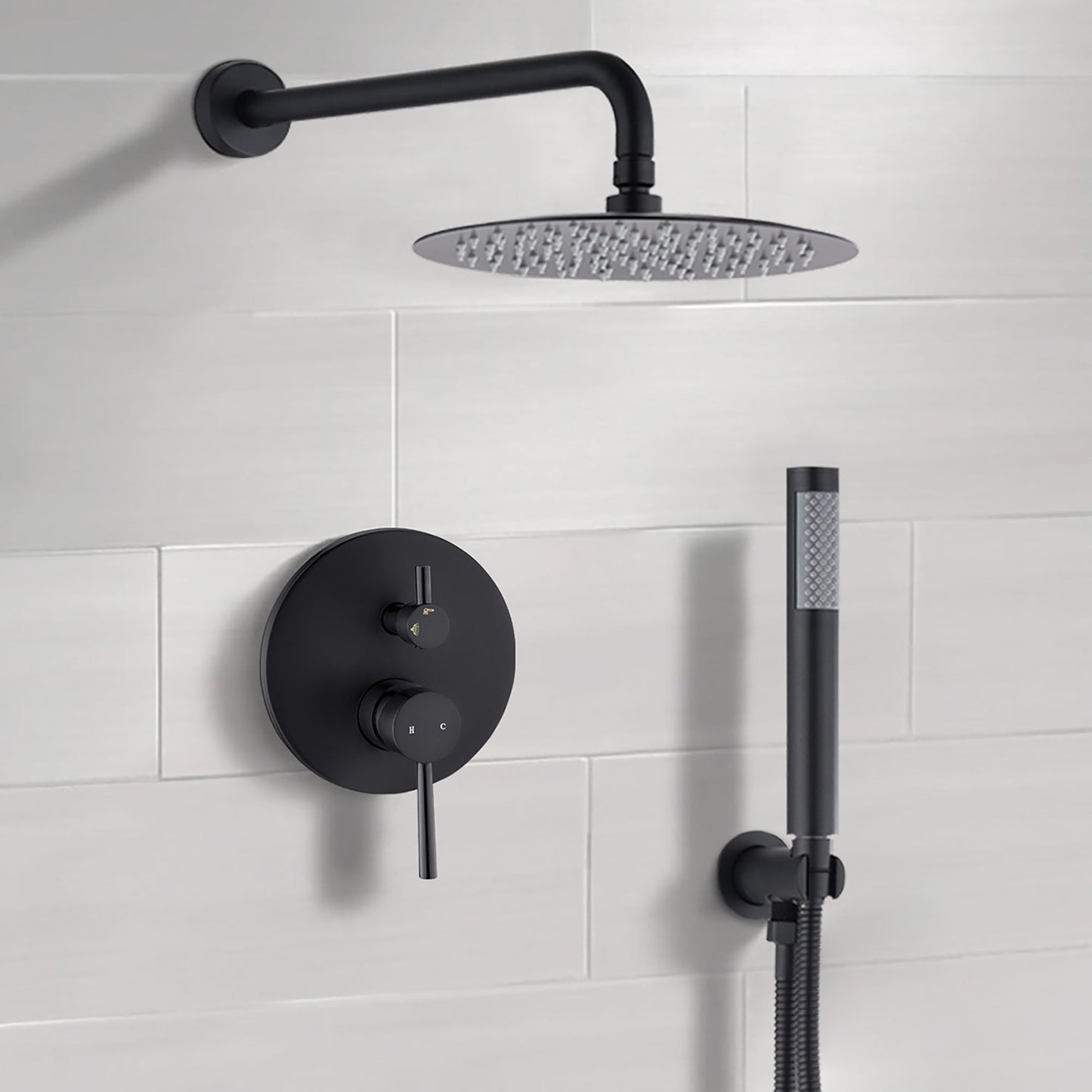 Round Rain Shower Head And Handheld Shower Set With Brass Construction - Matte Black