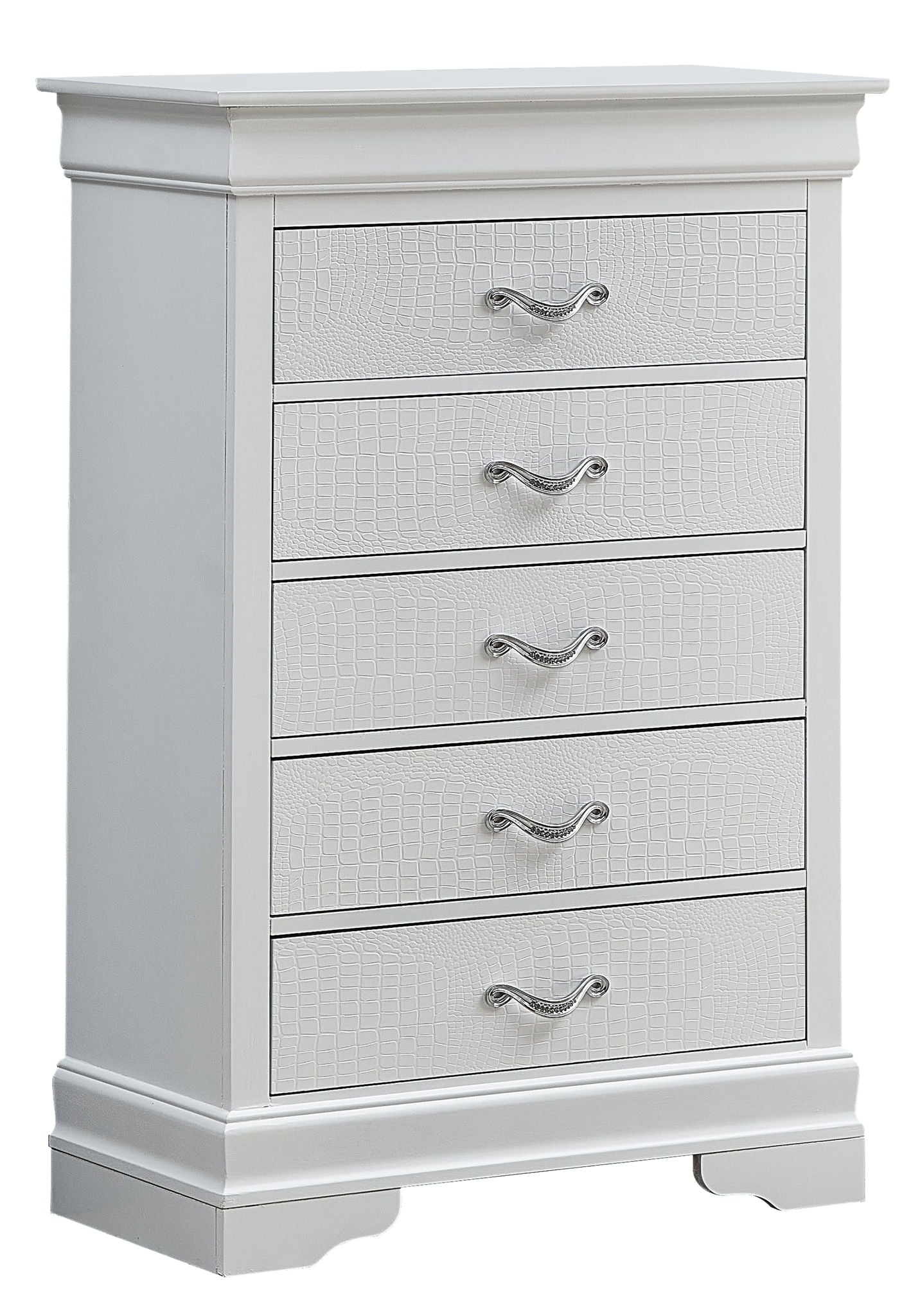The Lorana - Chest is a white wooden chest of drawers with five drawers, each adorned with silver handles and subtle textured fronts. Its classic, sturdy design features a slightly raised base for added style and stability.