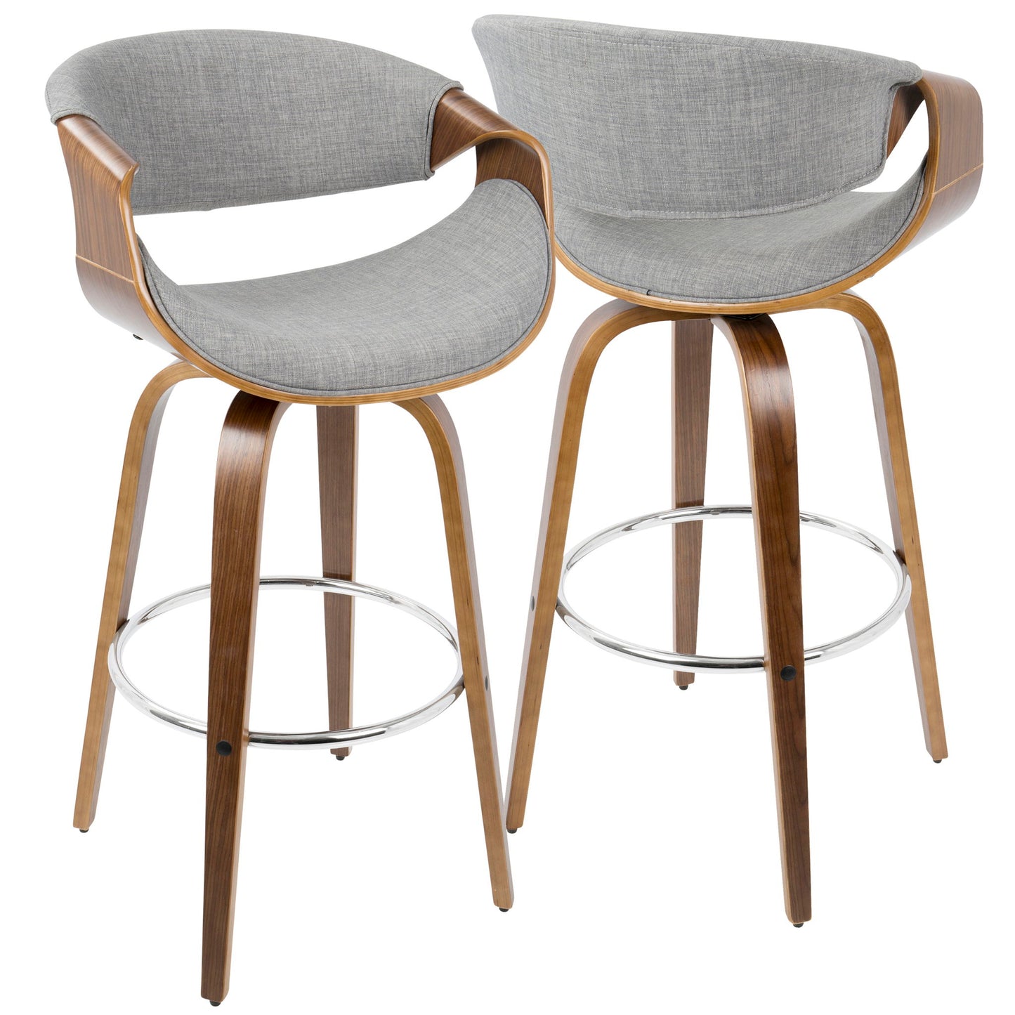 The Curvini Mid-Century Modern Fixed Height Barstool With Swivel (Set of 2) features light gray upholstered seats, curved wooden backrests, sturdy wooden legs, and a chrome footrest for stylish comfort at your bar.