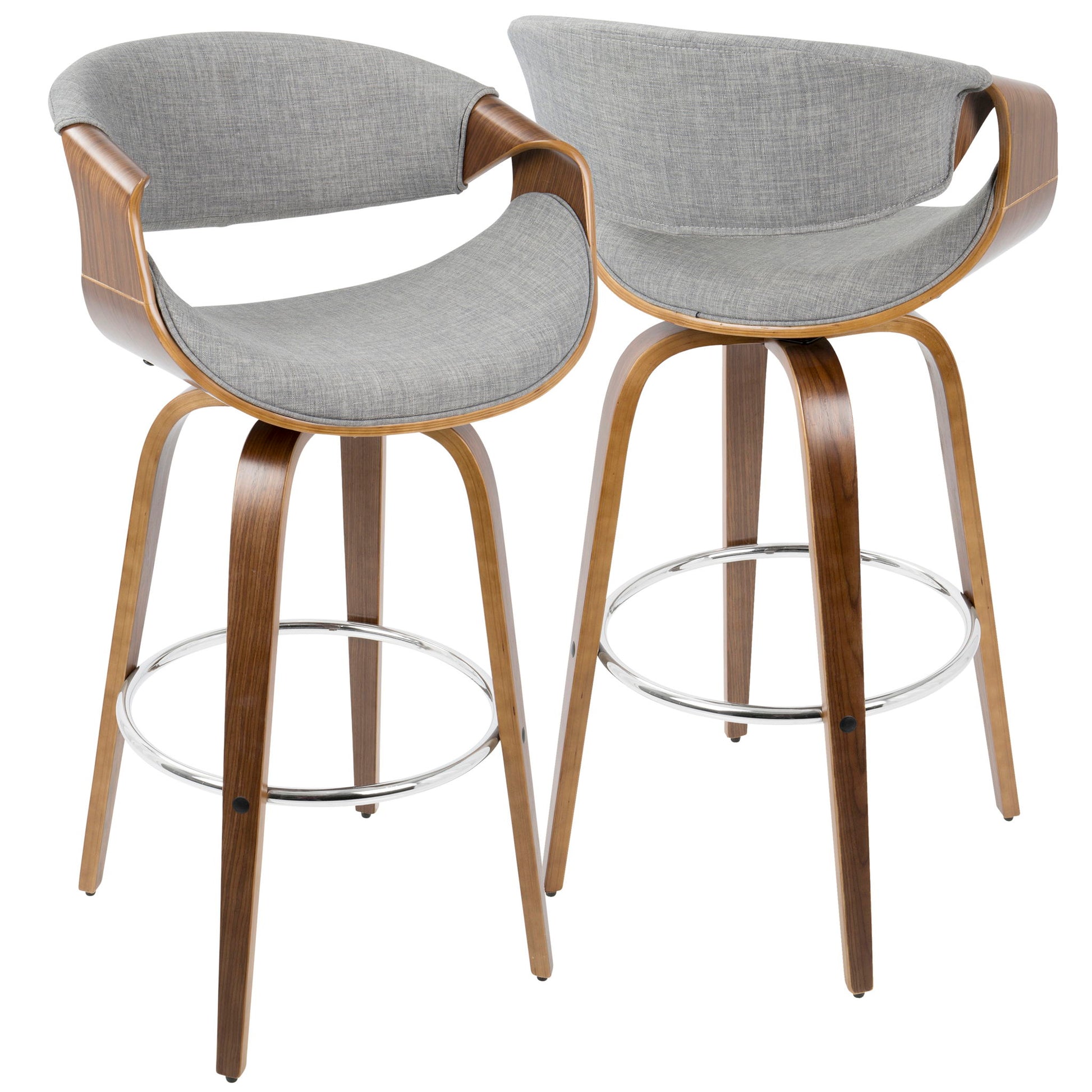 The Curvini Mid-Century Modern Fixed Height Barstool With Swivel (Set of 2) features light gray upholstered seats, curved wooden backrests, sturdy wooden legs, and a chrome footrest for stylish comfort at your bar.