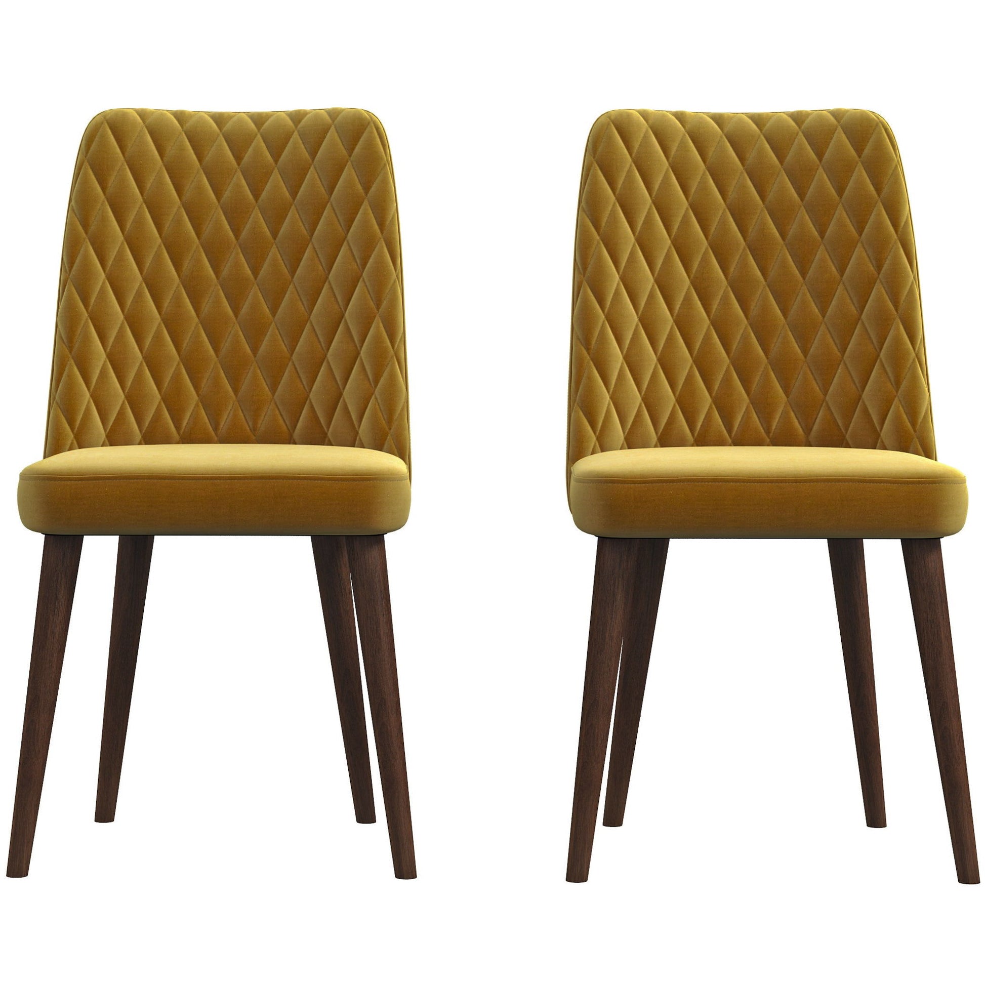 Two Katie Mid-Century Modern Dining Chairs (set of 2) with mustard yellow upholstery, diamond-quilted backrests, and dark wooden legs are placed side by side against a white background.