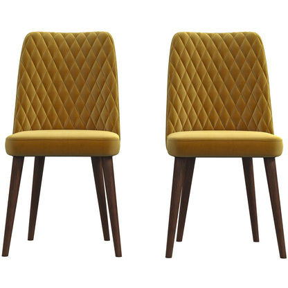 Two Katie Mid-Century Modern Dining Chairs (set of 2) with mustard yellow upholstery, diamond-quilted backrests, and dark wooden legs are placed side by side against a white background.