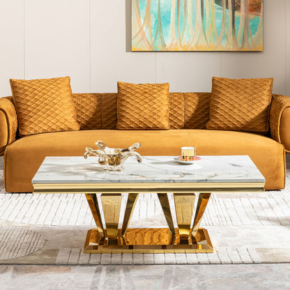 Modern Rectangular Coffee Table With Marble Pattern Top, Stainless Steel Base - Gold