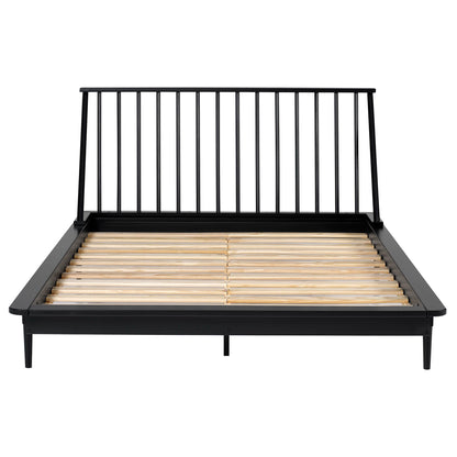 The Mid-Century Modern Solid Wood Platform Bed Frame features a high spindle headboard and wooden slats for mattress support. Its design is modern and minimalist, as seen from the front.