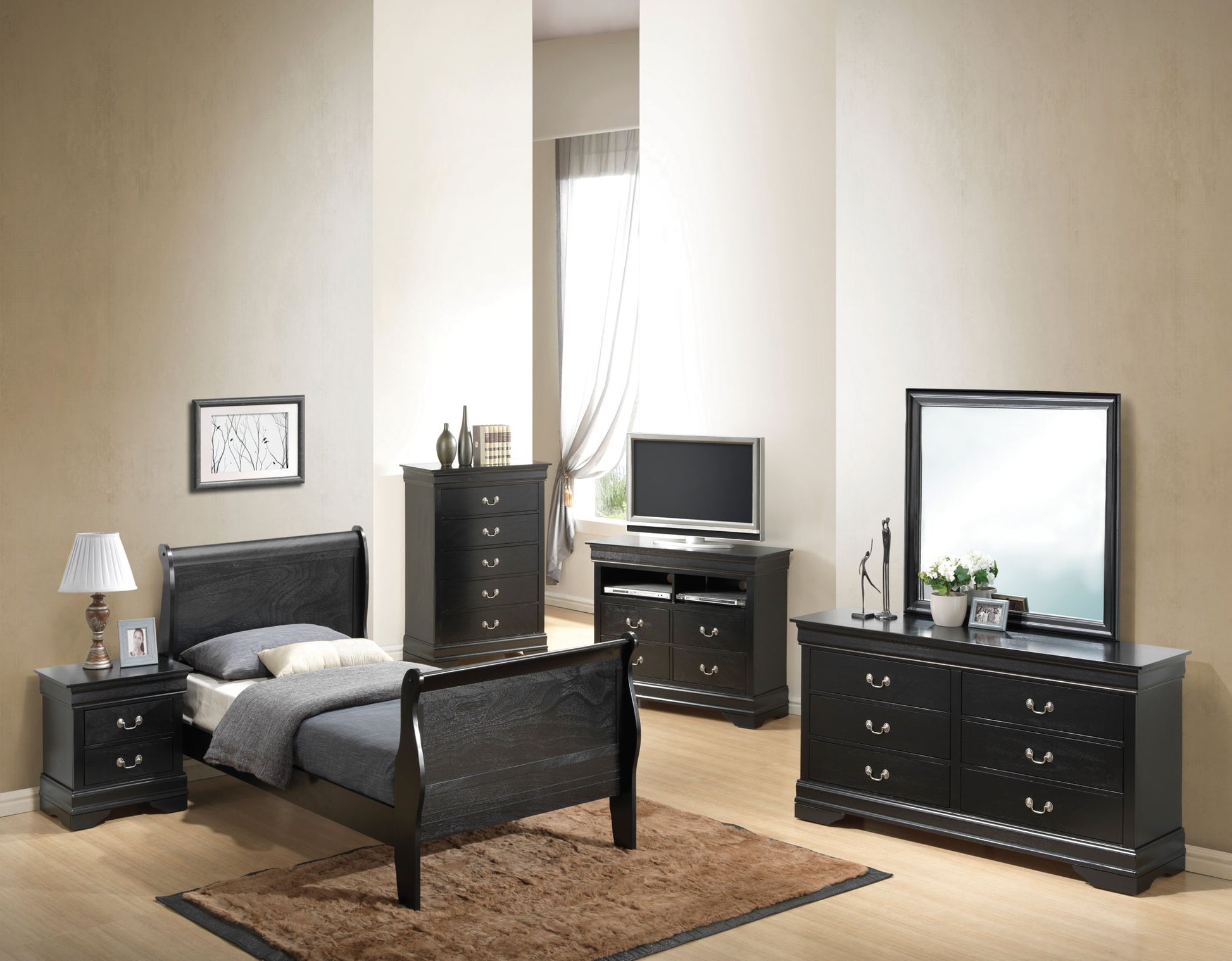 Modern bedroom featuring a Panel Sleigh Bed, two dressers, a nightstand, TV stand, and large mirror. The space has light walls, wood flooring, a brown rug, and natural light streaming in from the window.