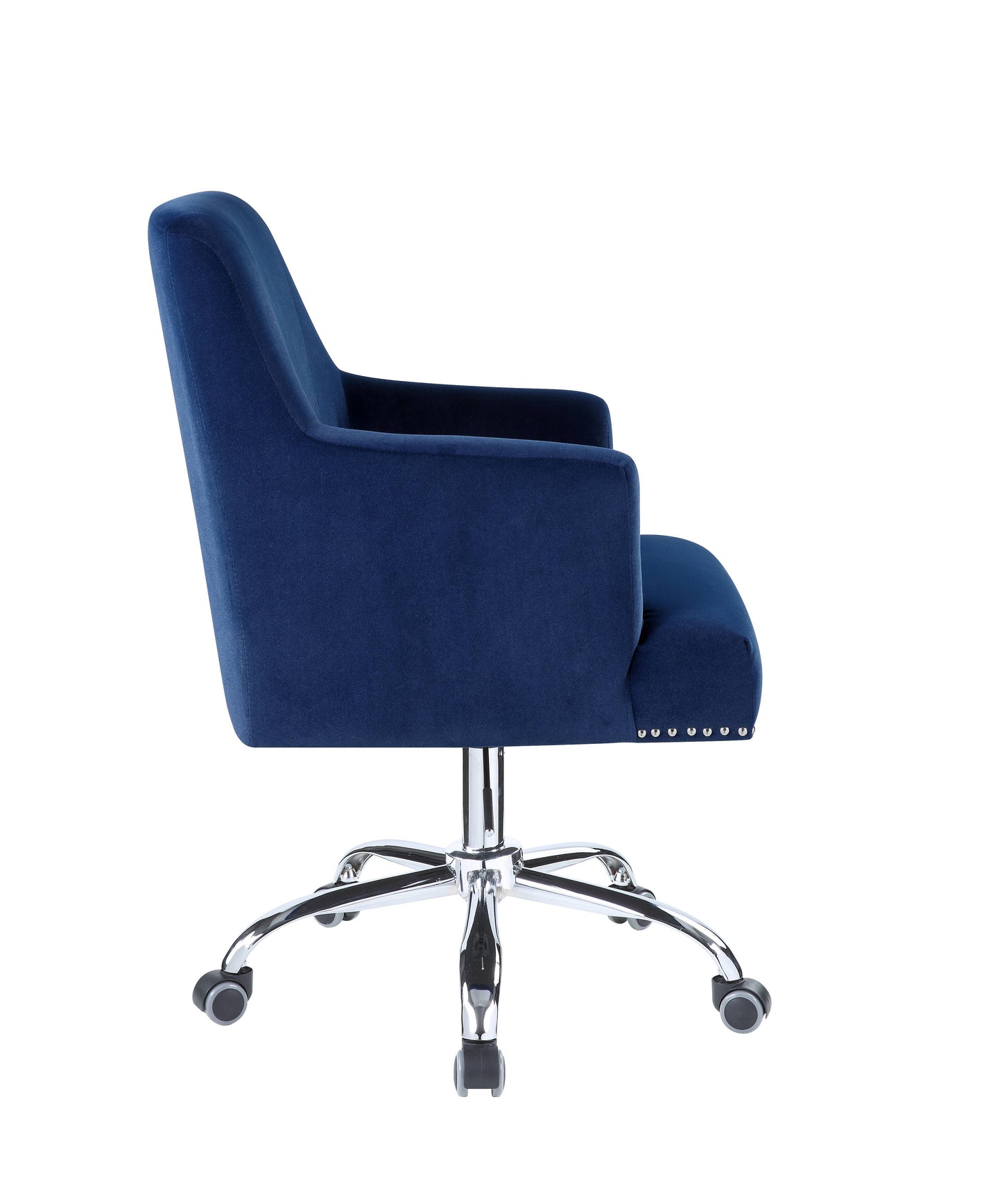 Side view of the Trenerry Velvet Office Chair in blue with cushioned armrests and backrest, featuring a sleek design. It includes a chrome base with five caster wheels.