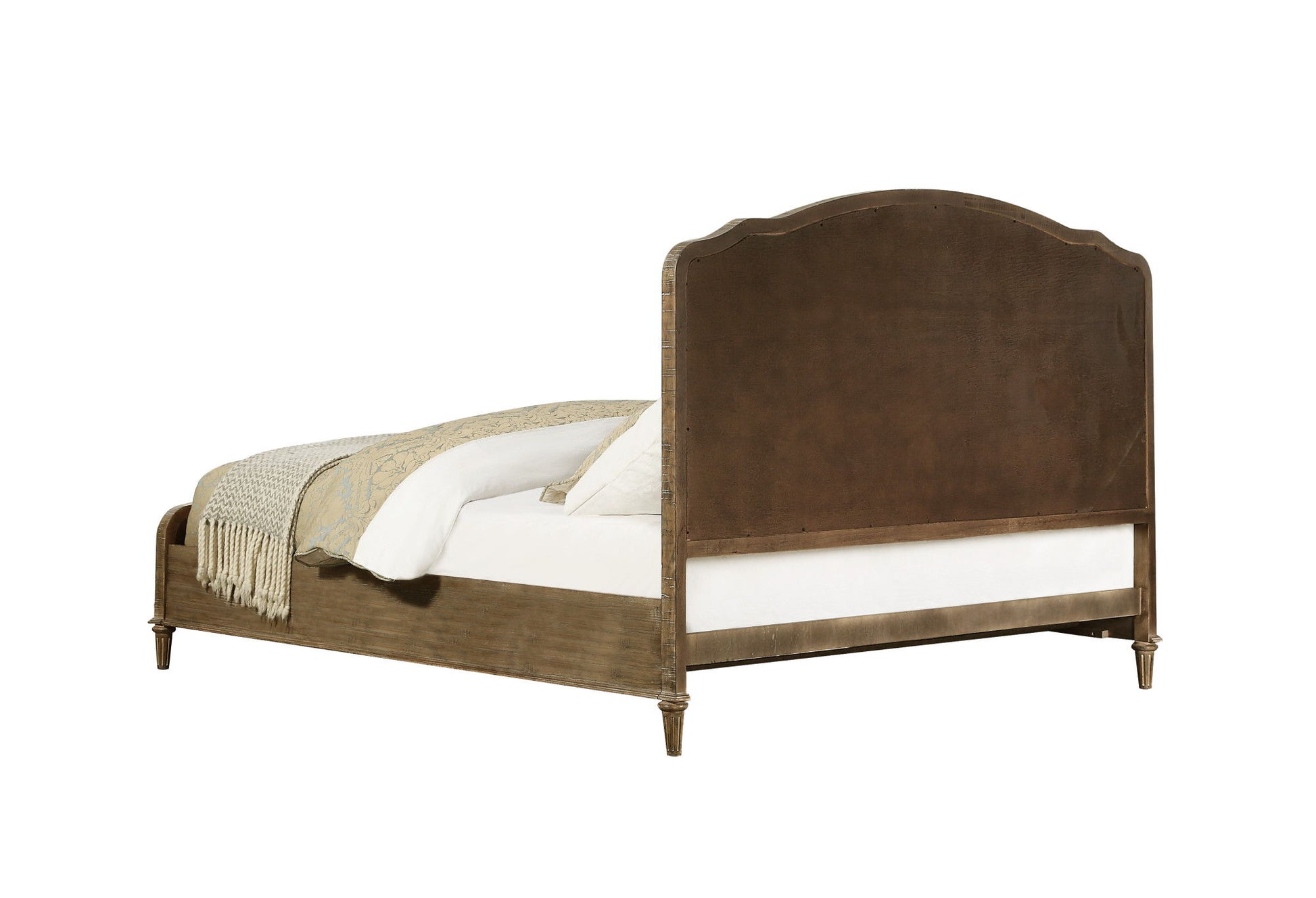 The Ludin - Upholstered Bed features an arched headboard, white bedding, and a beige blanket draped over the side, shown from a side angle against a white background.