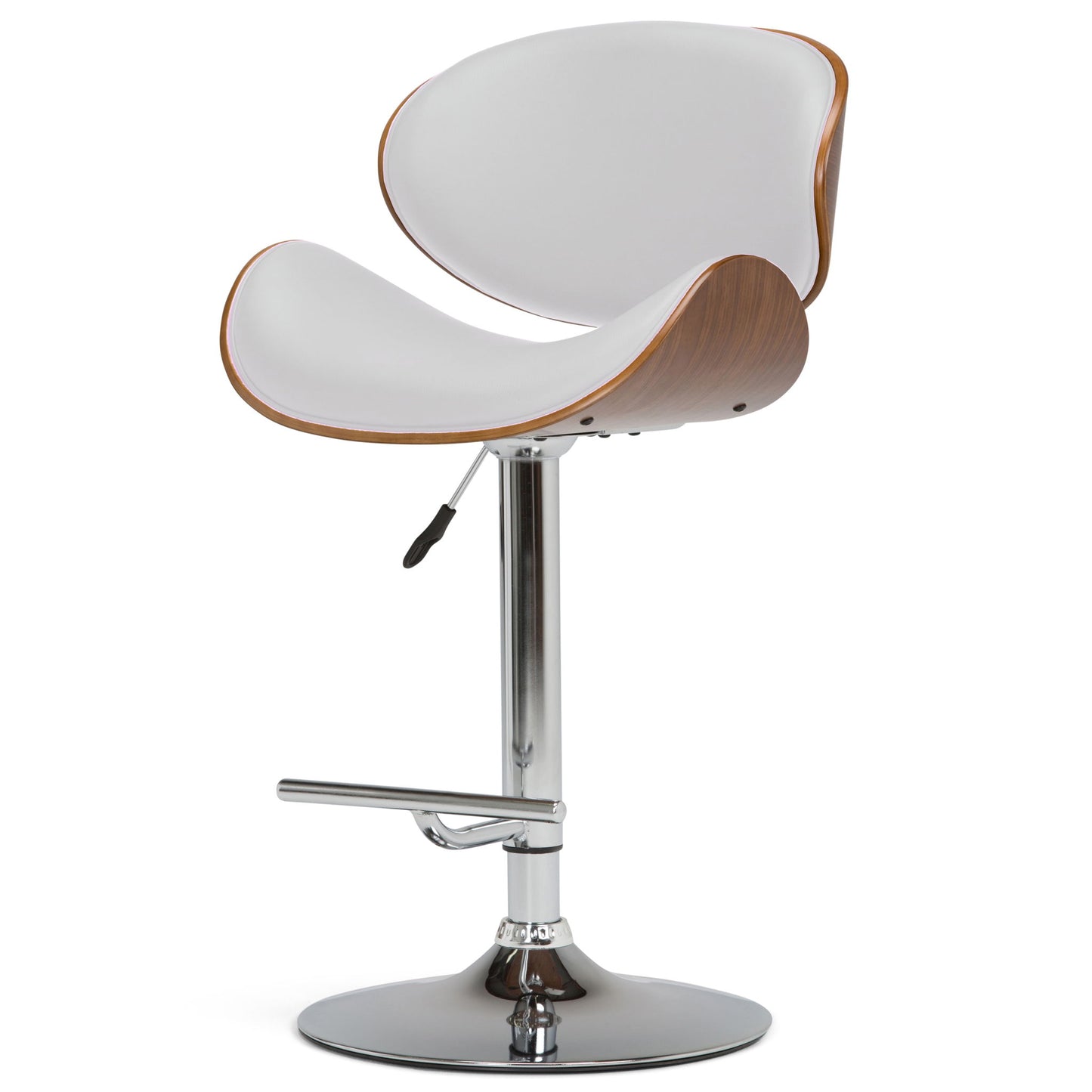 The Marana Multifunctional Handcrafted Bentwood Adjustable Swivel Bar Stool features a curved wooden backrest, white cushioned seat, chrome stem with footrest and circular base, plus an adjustable height lever.