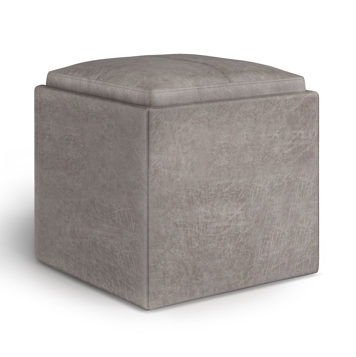 The Rockwood Upholstered Cube Storage Ottoman With Tray features a taupe finish, cushioned top, subtle texture, and is displayed against a white background.