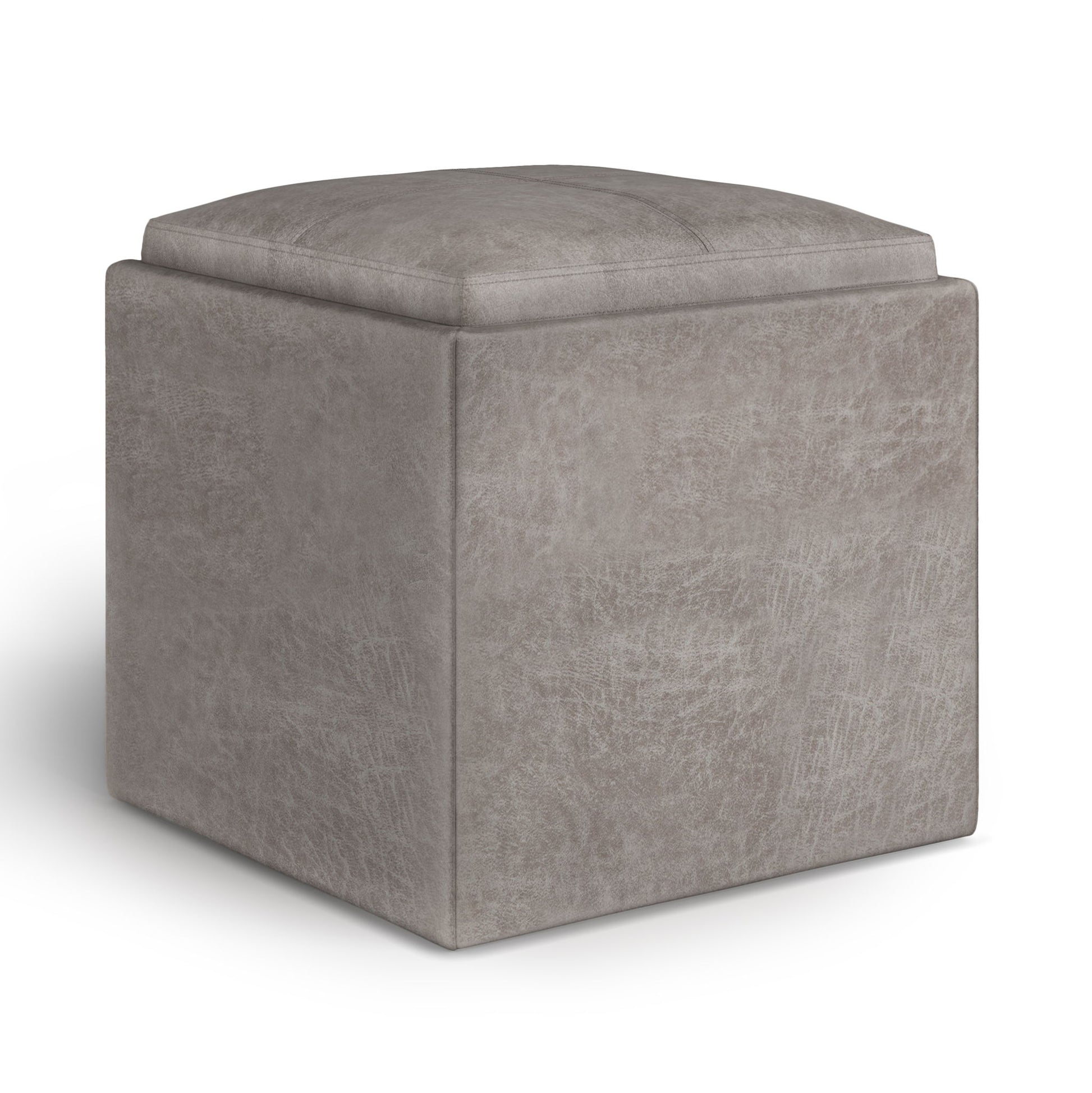 The Rockwood Upholstered Cube Storage Ottoman With Tray features a taupe finish, cushioned top, subtle texture, and is displayed against a white background.