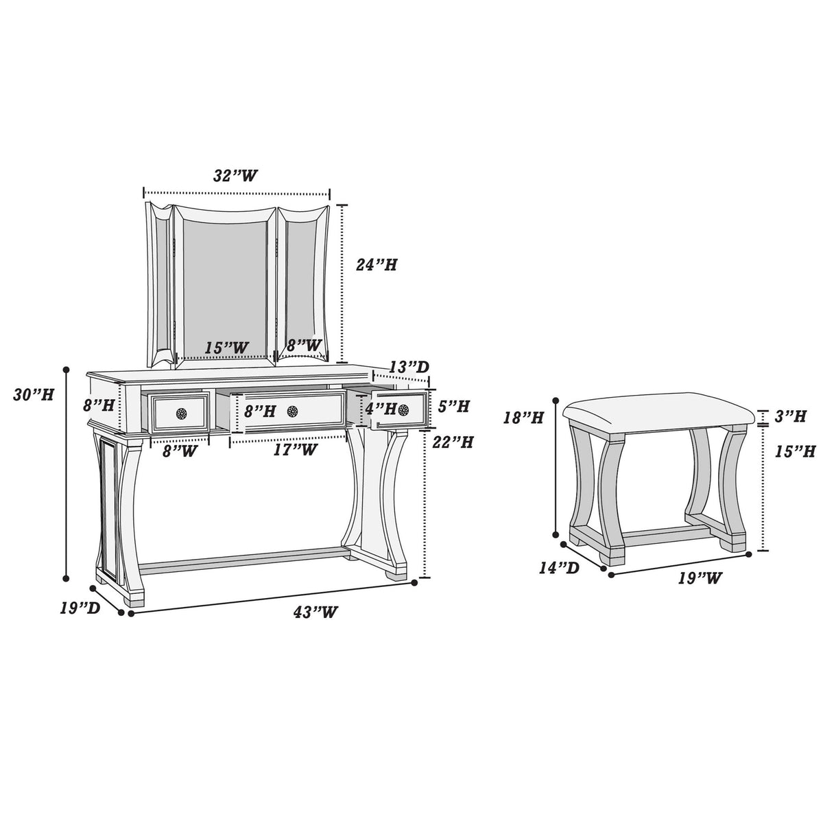 Bedroom Vanity Set With Foldable Mirror And Stool - Black