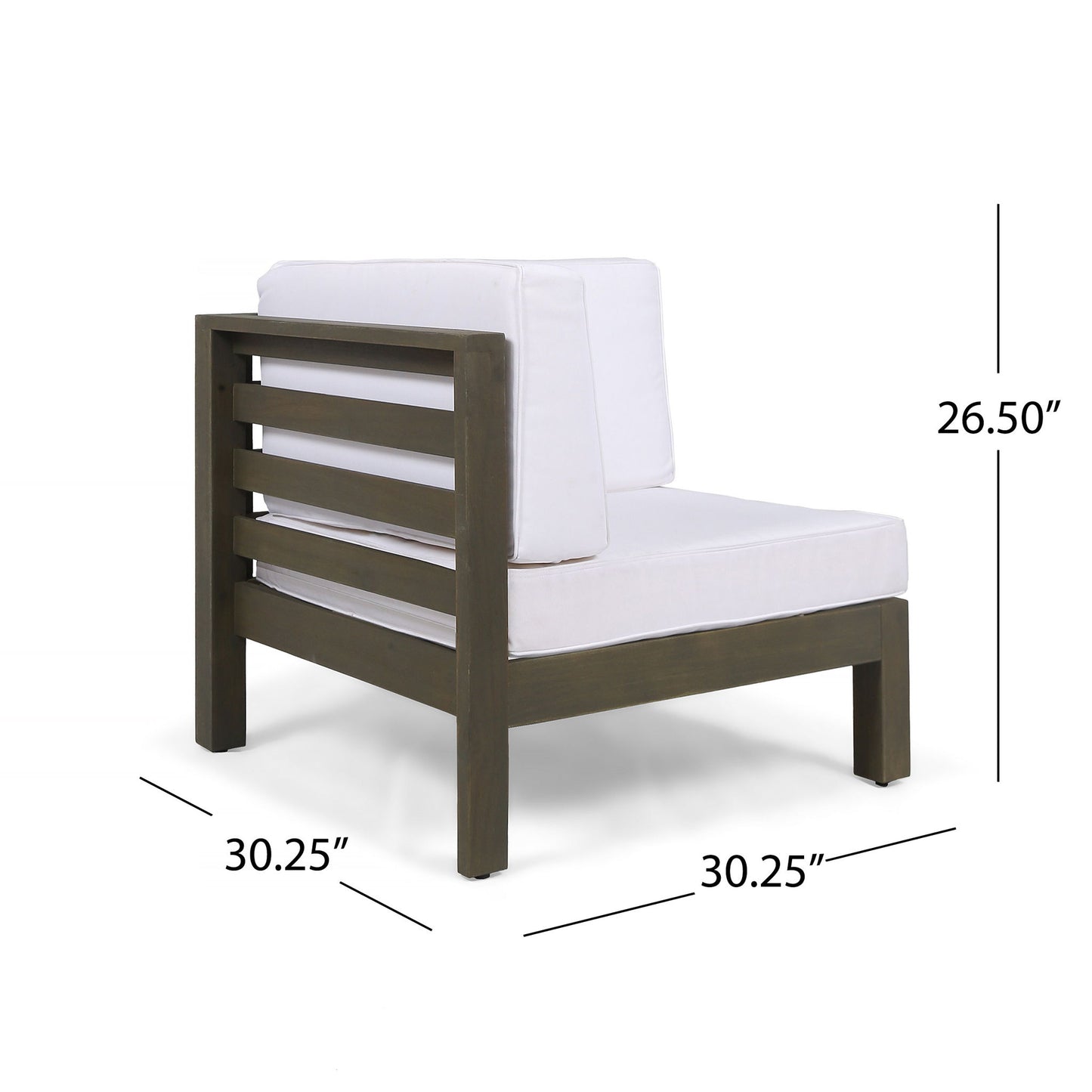 The Oana Arm Chair is a modern outdoor corner chair featuring a dark wooden frame, white cushions, and horizontal slatted side and back panels. It measures 30.25"W x 30.25"D x 26.5"H.
