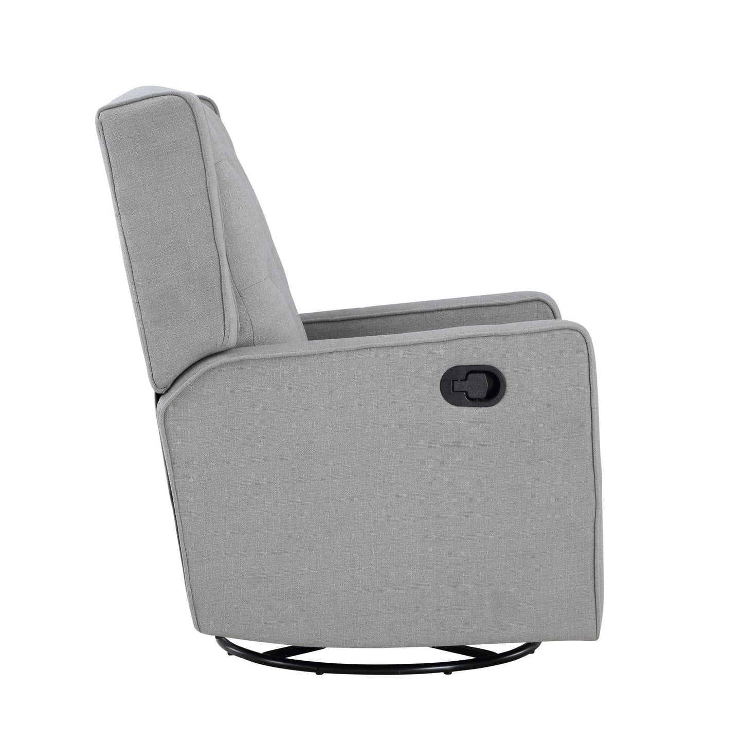 Side view of the Milah - Gliding Swivel Recliner Tufted in light gray fabric, featuring a visible reclining lever on the right and a circular metal base.