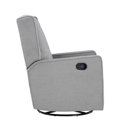 Side view of the Milah - Gliding Swivel Recliner Tufted in light gray fabric, featuring a visible reclining lever on the right and a circular metal base.
