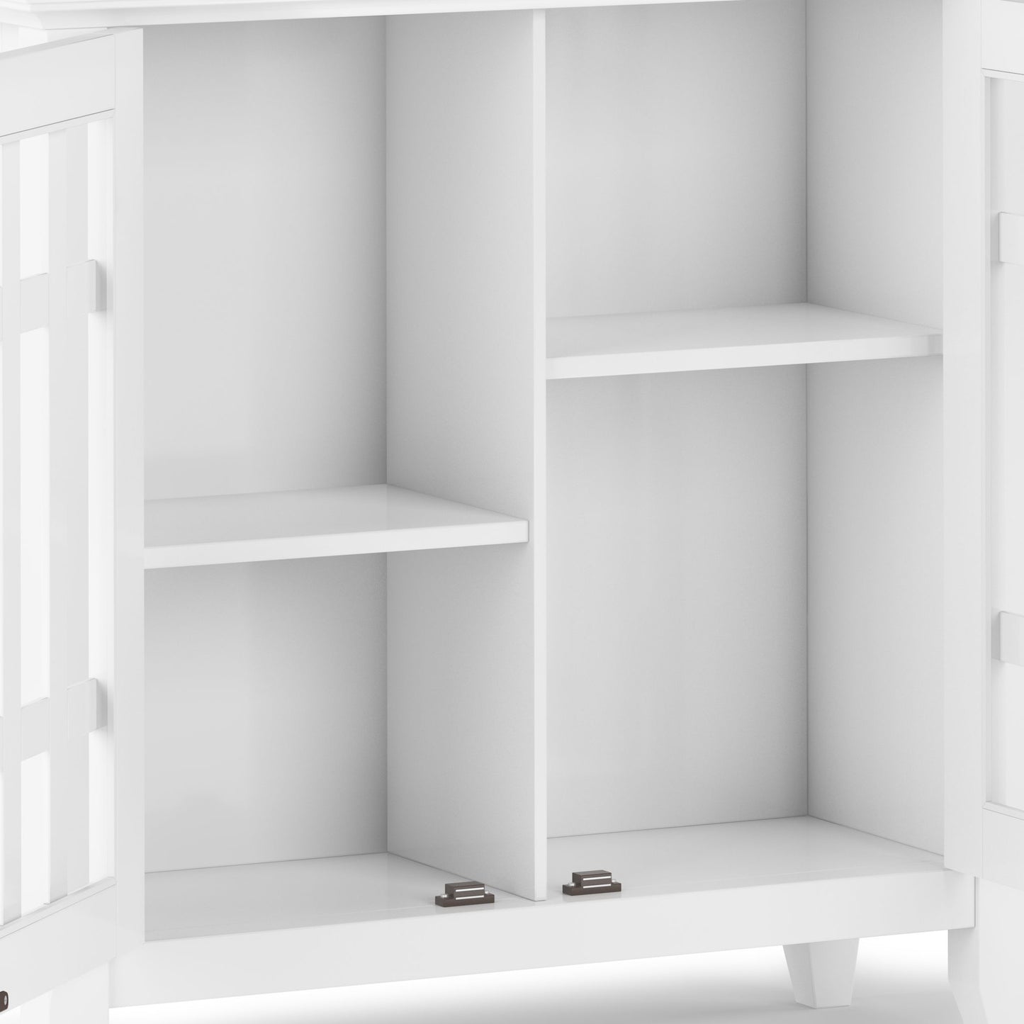 A close-up of the Bedford - Storage Media Cabinet with open doors, revealing two vertical compartments split by horizontal shelves for four storage sections. Features clean lines and metal hinges at the bottom.