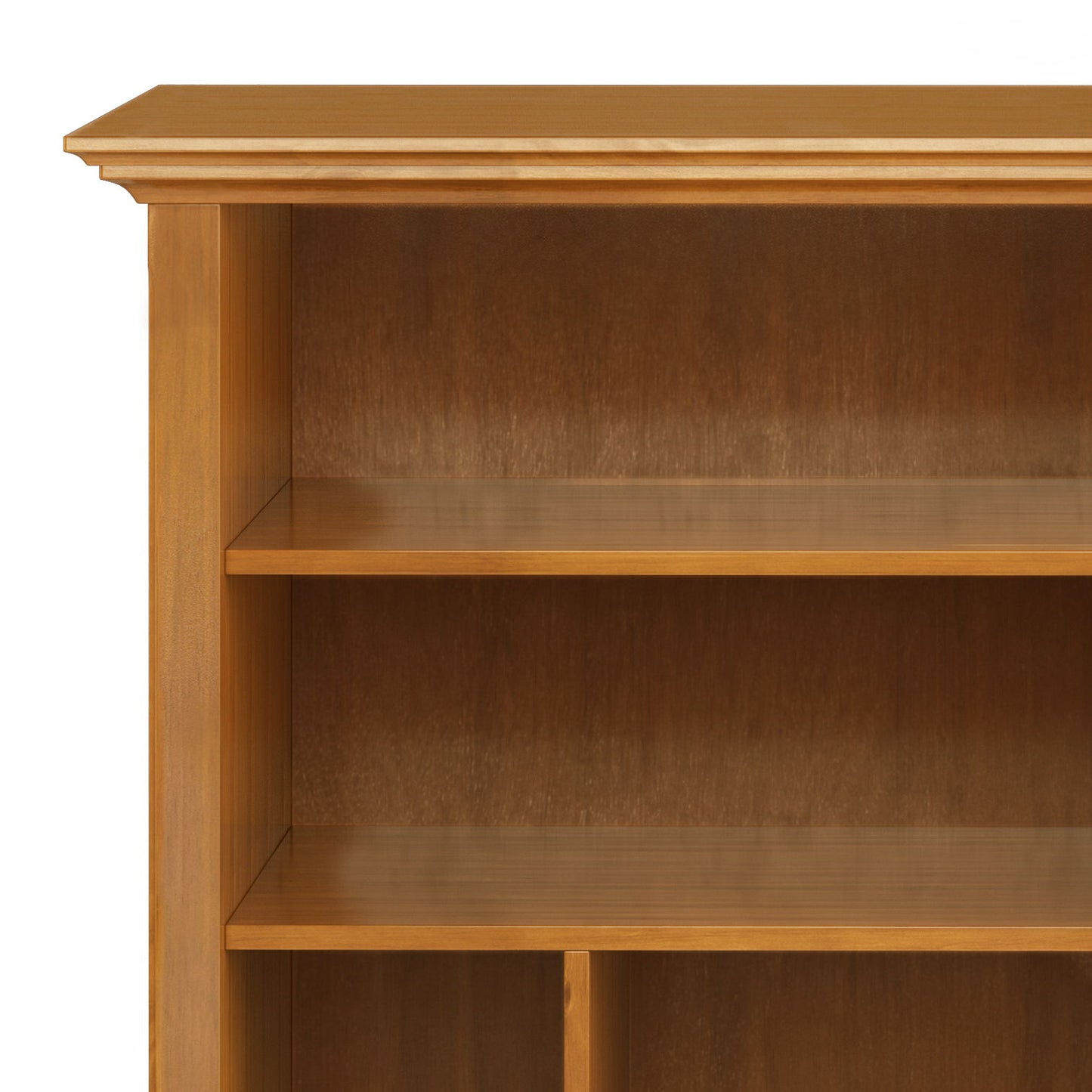 A close-up of the Amherst - Multi Cube Bookcase And Storage Unit reveals two shelves, a decorative top edge, and a smooth light brown finish.