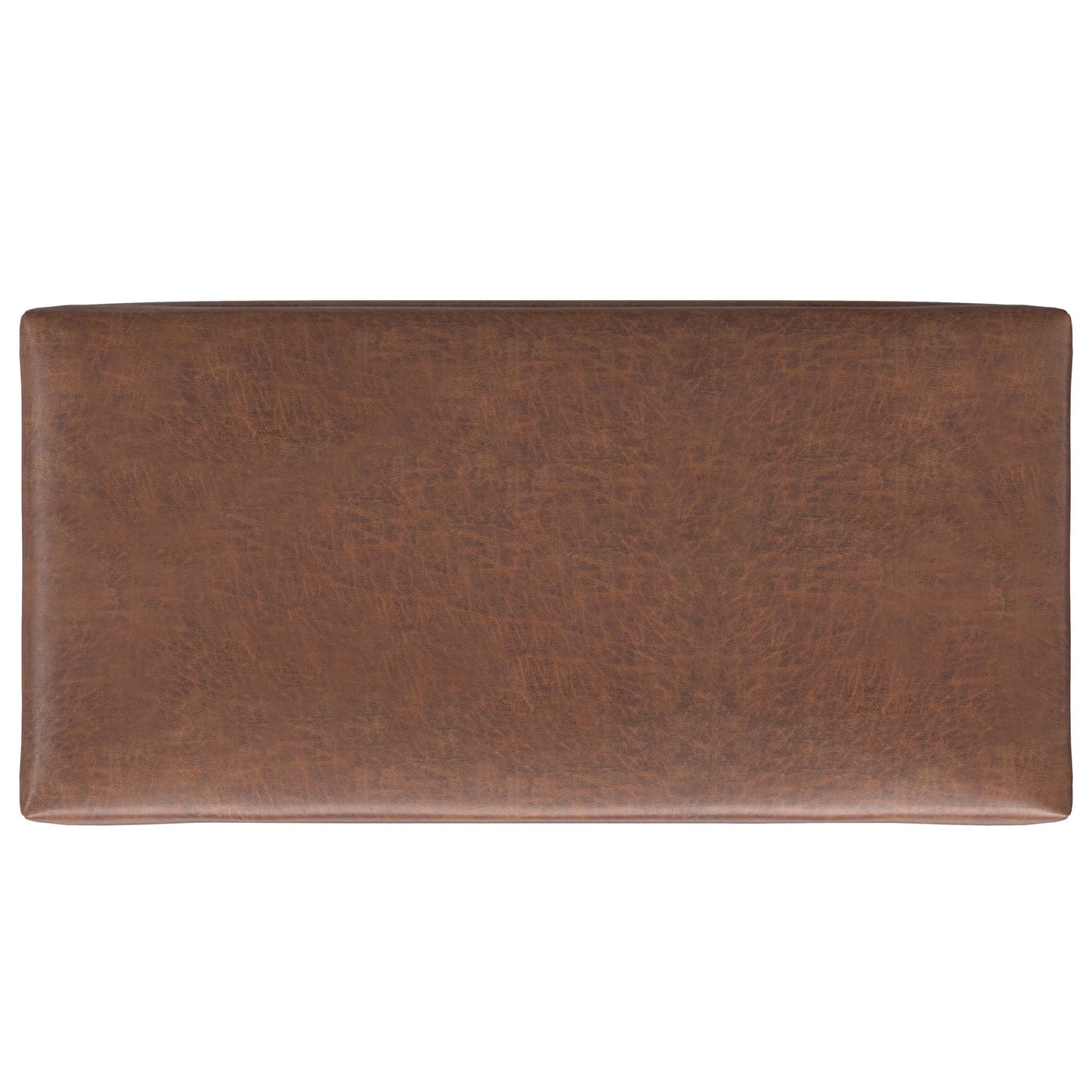 The Rebecca Ottoman is a rectangular brown leather storage coffee table with a lift-up lid, seen from above, featuring a smooth top and subtle textured pattern.