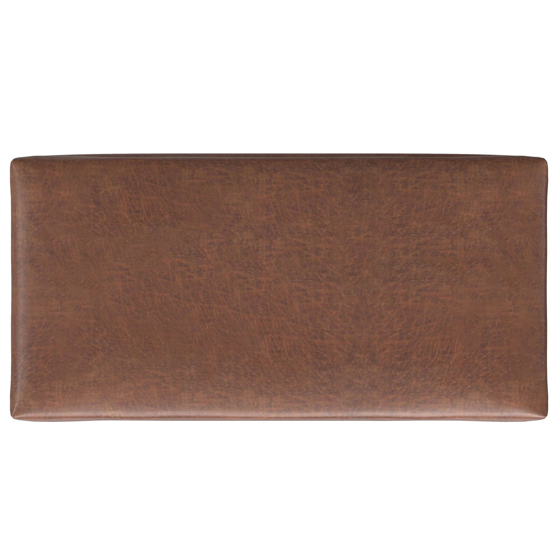 The Rebecca Ottoman is a rectangular brown leather storage coffee table with a lift-up lid, seen from above, featuring a smooth top and subtle textured pattern.