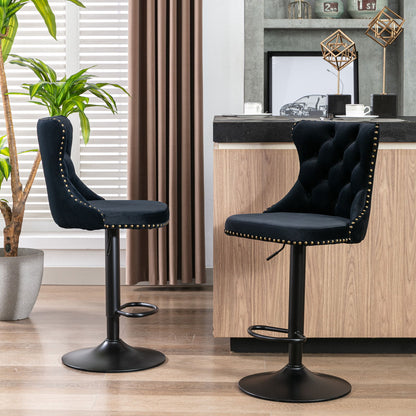 A set of two Swivel Velvet Barstools with adjustable seat height and tufted backs are placed beside a kitchen island, complemented by modern decor including a potted plant and beige curtains.