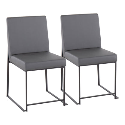 The Fuji - Contemporary Modern Elegance With High Back Dining Chair (Set of 2) features dark grey upholstered seats and backs, slim black metal legs, and a minimalist angular design. Both chairs are shown side by side on a white background.