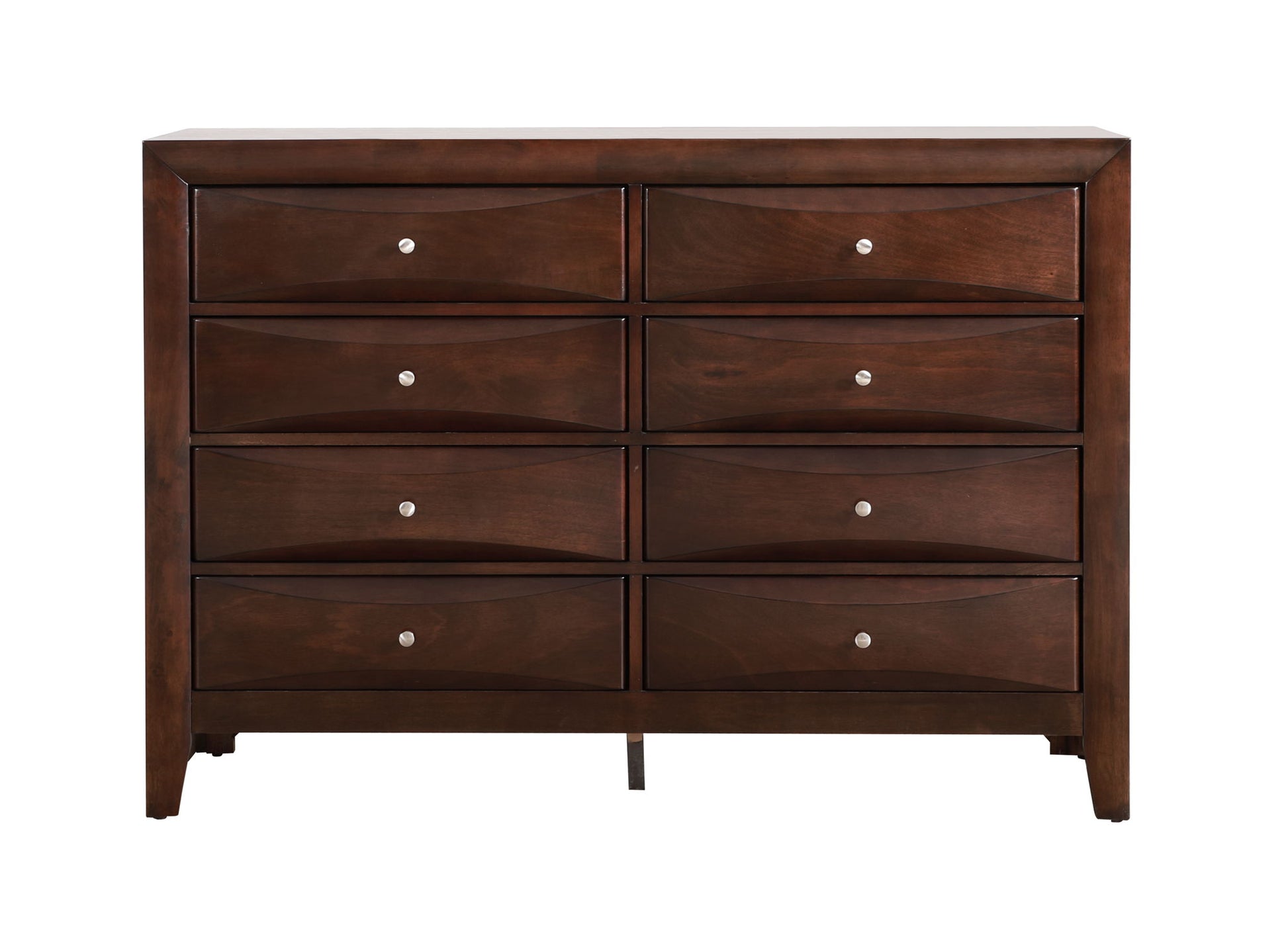 The Marilla - Dresser is a dark brown wooden piece with eight drawers, each fitted with a small round metal knob, displayed against a white background.