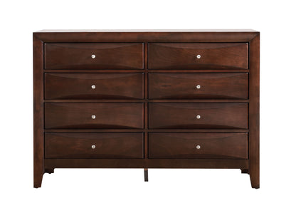 The Marilla - Dresser is a dark brown wooden piece with eight drawers, each fitted with a small round metal knob, displayed against a white background.