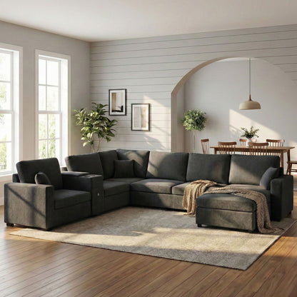 Modular 5 Seat U-Shape Sectional Sofa With Chaise Lounge, Built In Cup Holders And Storage Drawer