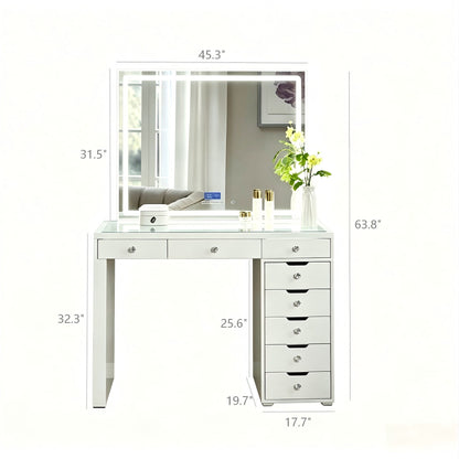 Makeup Vanity Desk With LED Lighted Mirror, 9 Drawers For Bedroom - Gloss White