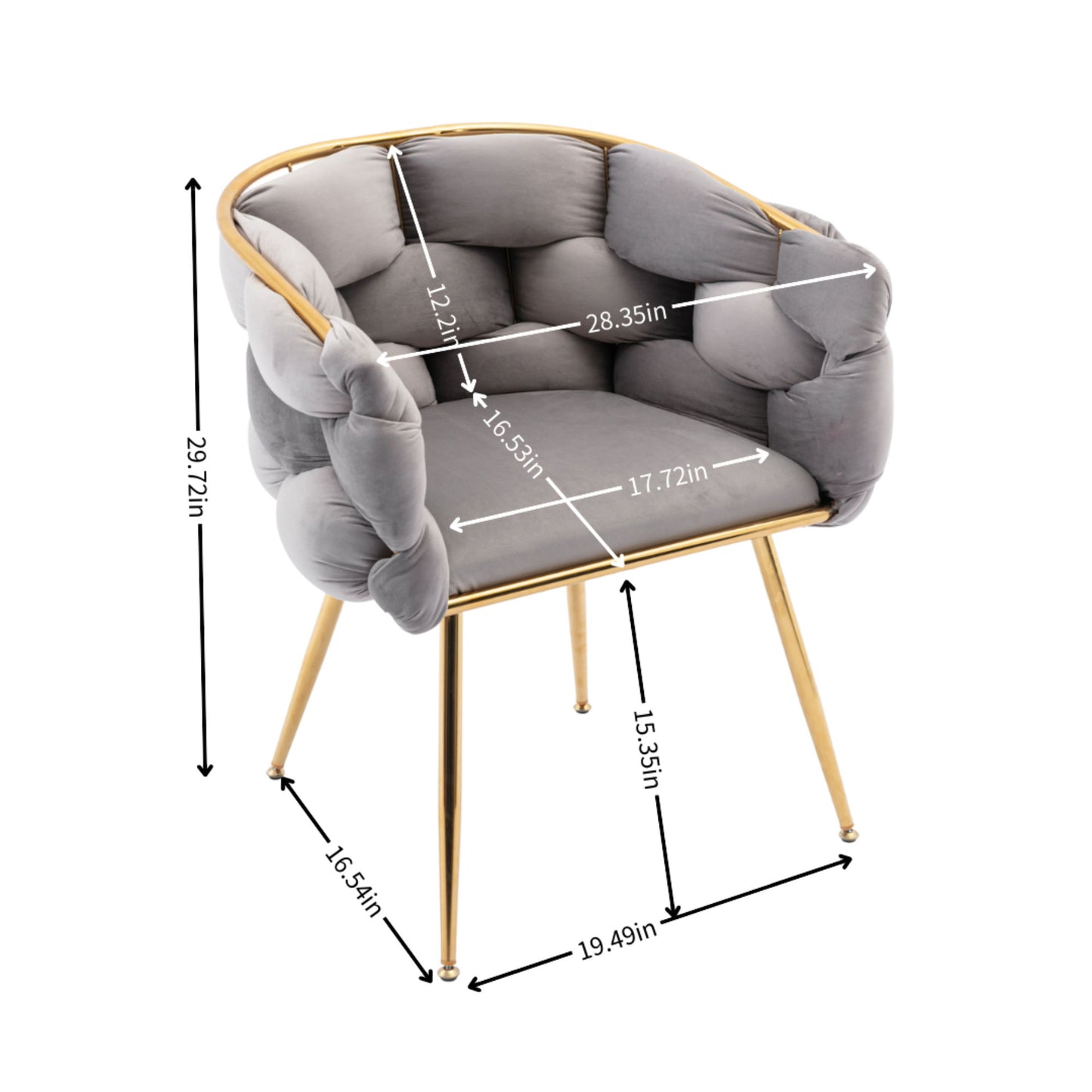 The Luxury Modern Simple Leisure Velvet Single Sofa Chair features a gray tufted design, gold metal legs, and measures 28.35"W x 29.72"H x 15.54"D; seat width: 19.49", leg distance: 16.54", seat height: 15.35", back depth: 12.21".