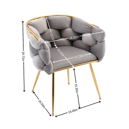 The Luxury Modern Simple Leisure Velvet Single Sofa Chair features a gray tufted design, gold metal legs, and measures 28.35"W x 29.72"H x 15.54"D; seat width: 19.49", leg distance: 16.54", seat height: 15.35", back depth: 12.21".