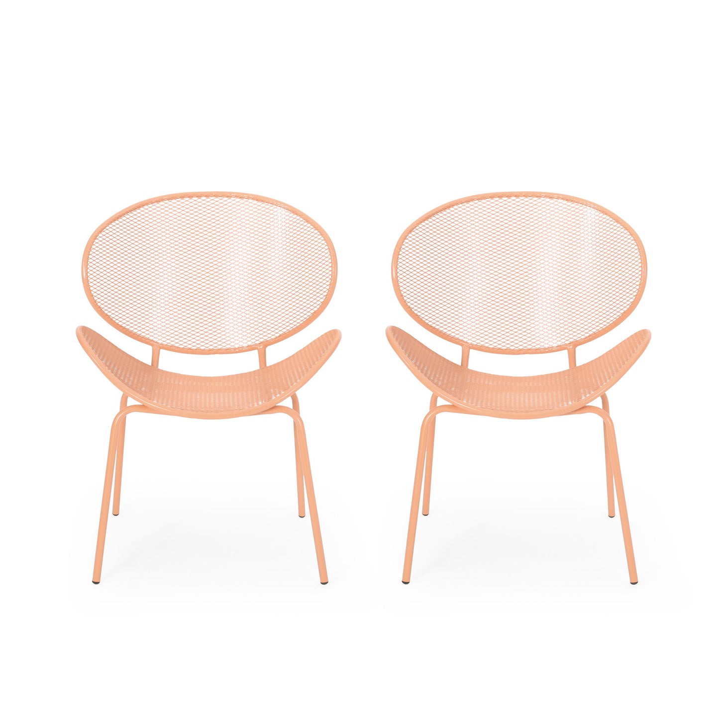 The Elba - Contemporary Chair Set For Outdoor Relaxation features two peach-colored metal chairs with mesh oval backs and seats, positioned side by side against a plain white background.