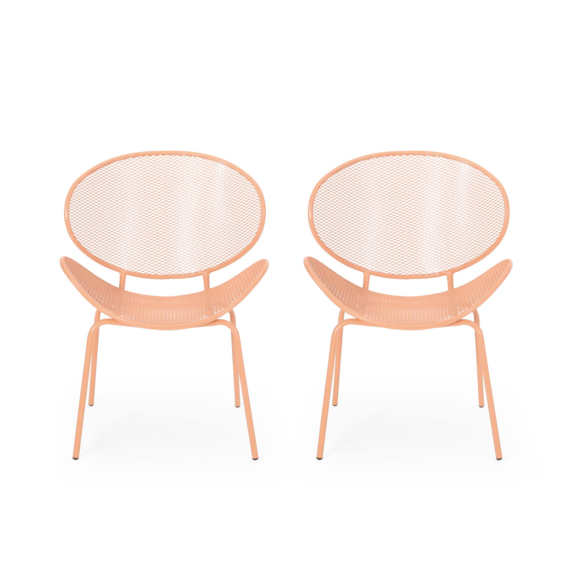 The Elba - Contemporary Chair Set For Outdoor Relaxation features two peach-colored metal chairs with mesh oval backs and seats, positioned side by side against a plain white background.