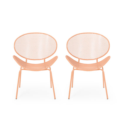 The Elba - Contemporary Chair Set For Outdoor Relaxation features two peach-colored metal chairs with mesh oval backs and seats, positioned side by side against a plain white background.