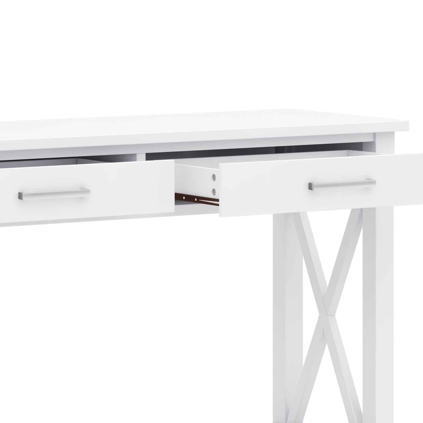 The Kitchener - Handcrafted Table is a modern white desk with two partially open drawers, sleek metal handles, and X-shaped side supports, shown against a white background.