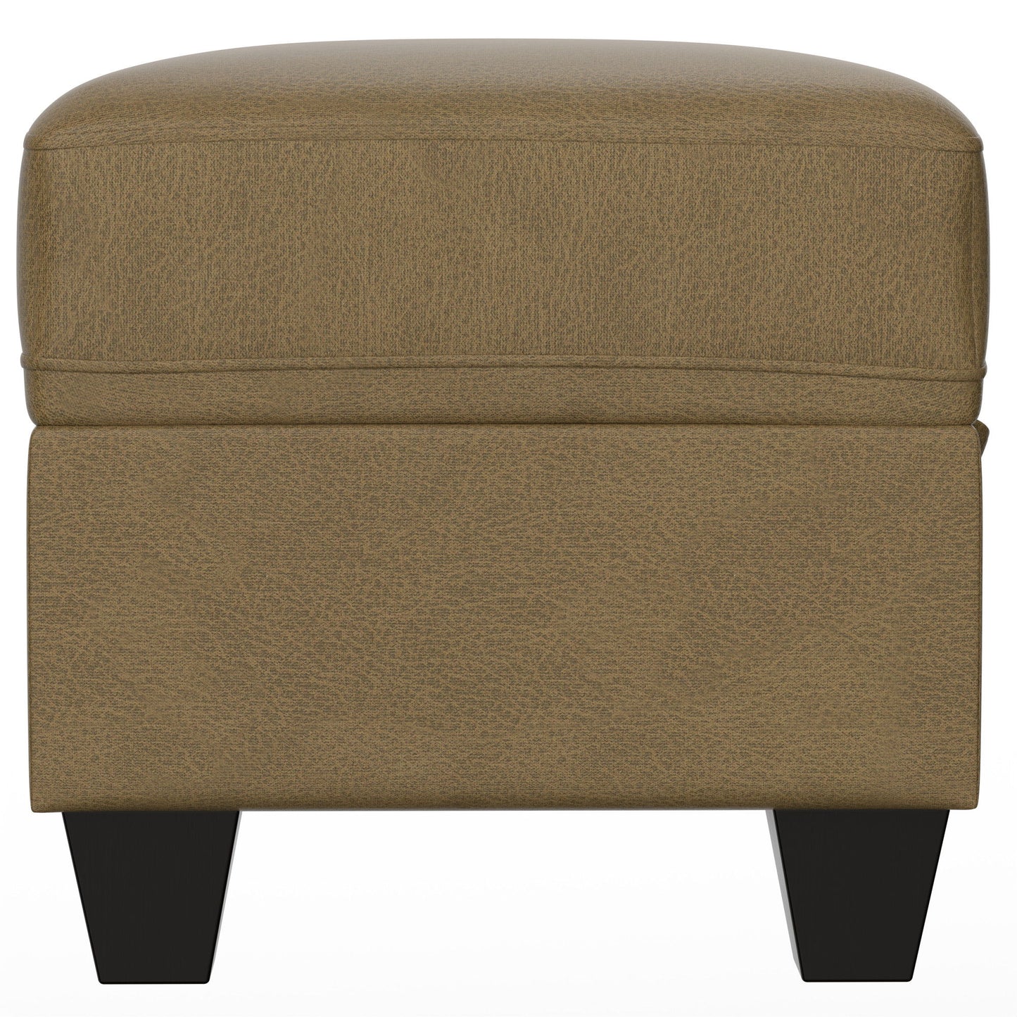 The Drason Storage Ottoman features a square, tan leather design with a cushioned top and short black wooden legs, shown from the front against a white background.