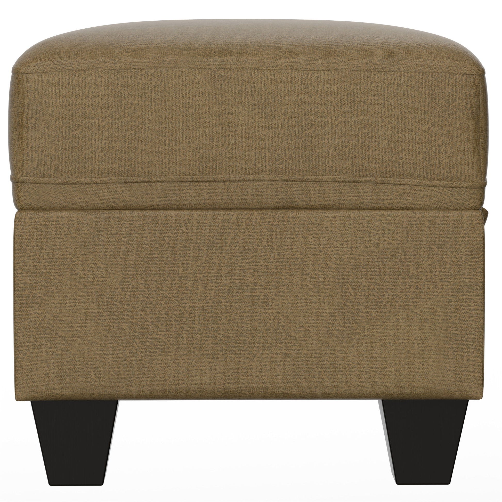 The Drason Storage Ottoman features a square, tan leather design with a cushioned top and short black wooden legs, shown from the front against a white background.
