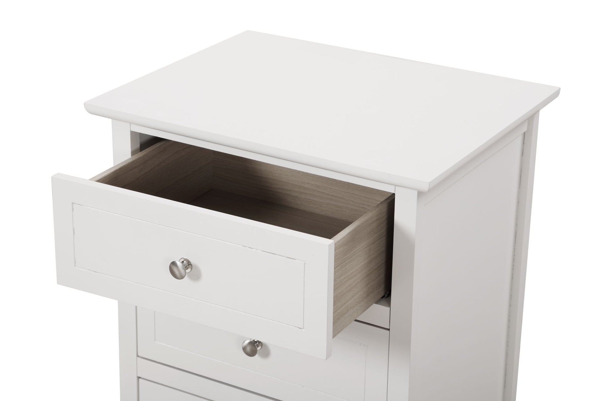 The Daniel - 3 Drawer Nightstand is a white wooden piece featuring three drawers with round silver knob handles, one shown partially open to reveal a light wood interior.