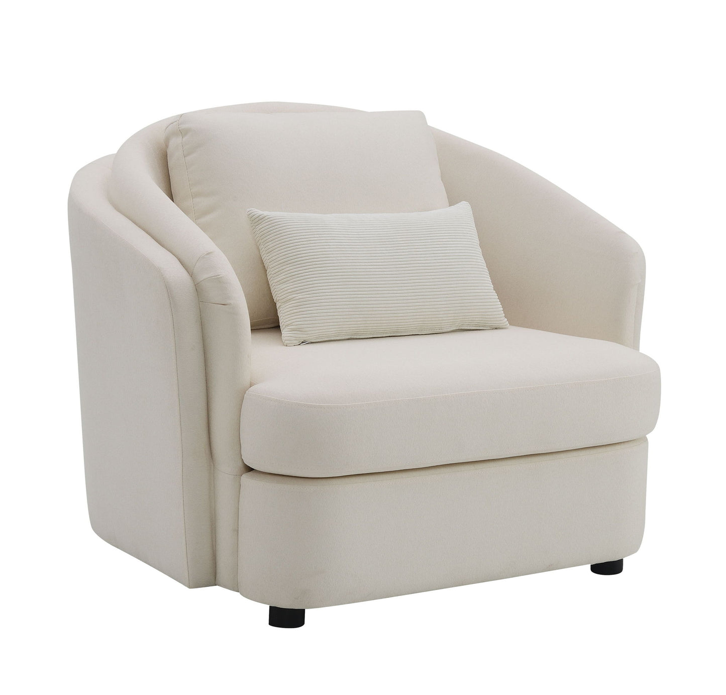 The Mariko - Linen Chair With 1 Toss Pillow in beige features curved armrests, a plush seat cushion, a small rectangular pillow against the backrest, and sits on short dark legs.