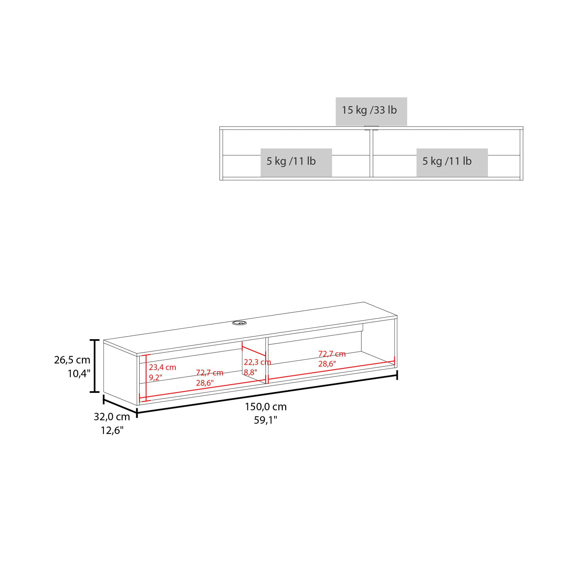 Line drawing of the Moore Floating TV Stand with dimensions labeled: 150 cm (59.1 in) wide, 32 cm (12.6 in) deep, and 26.5 cm (10.4 in) high. Weight limits are 15 kg on top and 5 kg per shelf.