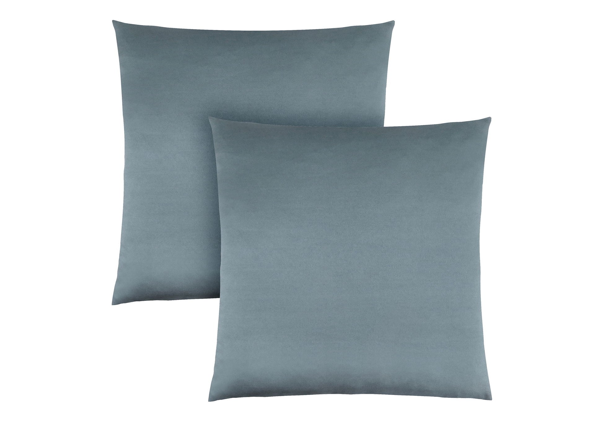 Two modern, square decorative throw pillows with inserts are shown overlapping on a white background. Hypoallergenic, teal color.