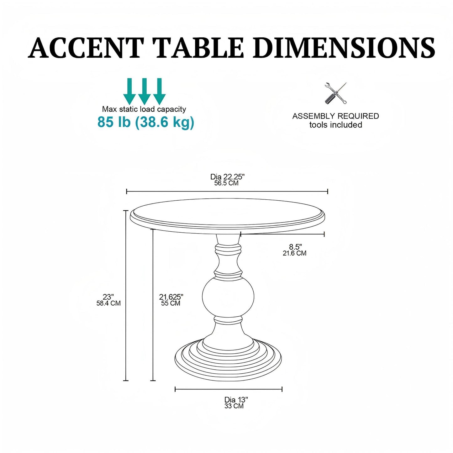 Line drawing of Table With Reclaimed - Natural: 22.625" diameter top, 8.5" center, 13" base, 23" height; max load 85 lb (38.6 kg). Assembly required; tools included.