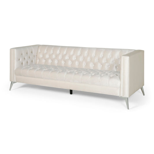 The Contemporary 3 Seater Sofa With Button Tufting features a modern white design with high back and sides, sleek silver legs, smooth upholstery, and a clean minimalist look. It comfortably seats three people.