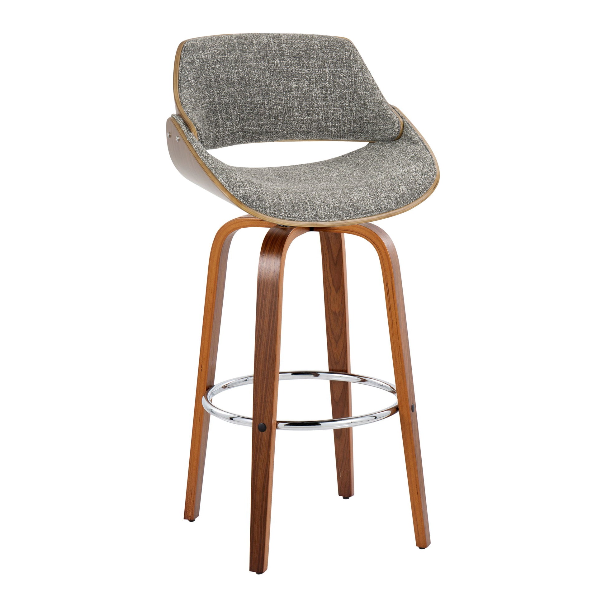 The Fabrizzi Mid Century Modern Fixed Height Barstool Set features a curved gray upholstered seat, wooden legs, and a round chrome footrest, combining style and comfort in a contemporary design.