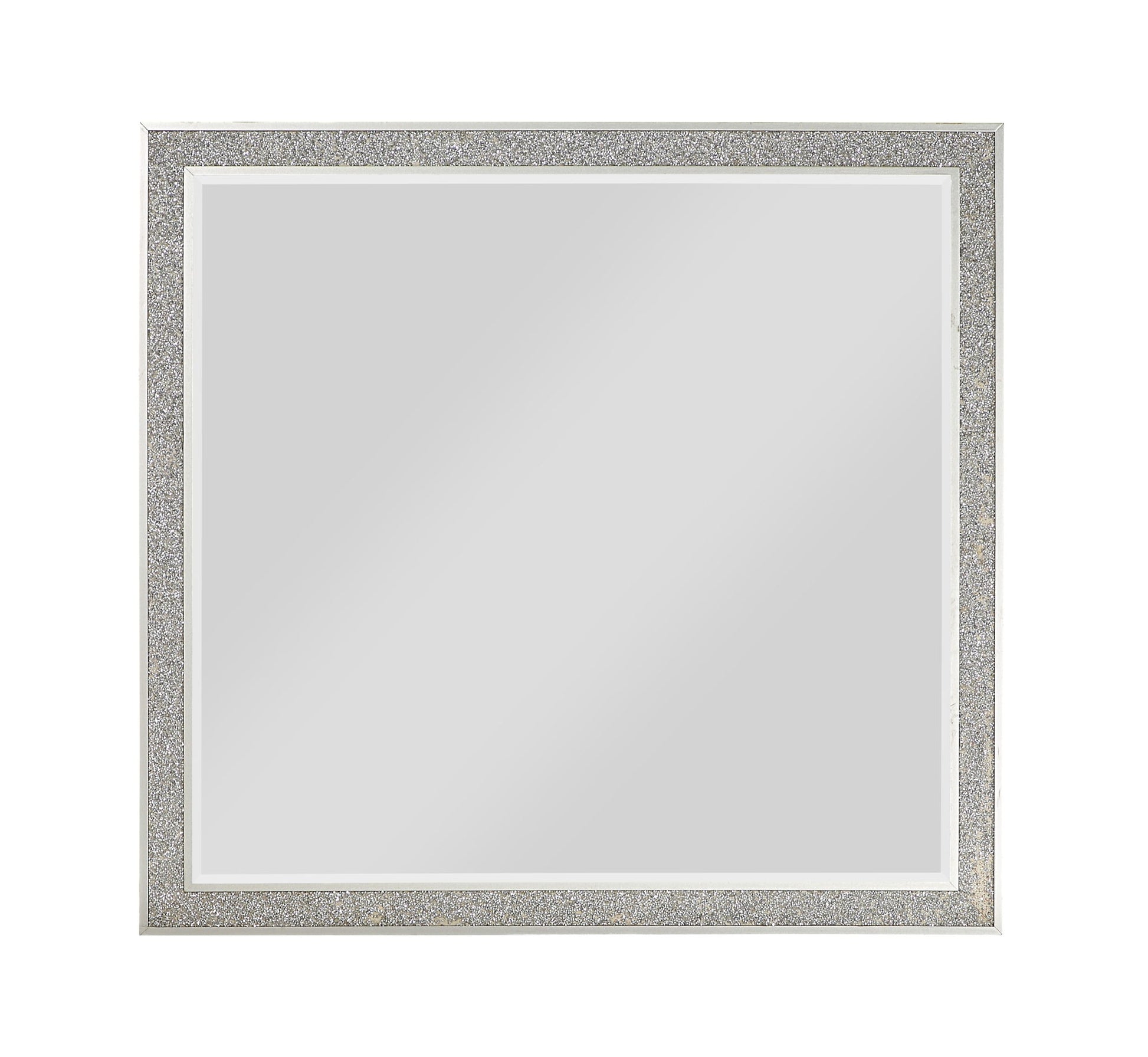 The Sliverfluff mirror features a wide, shiny champagne frame with a glittery, textured design. The square mirror is displayed centered against a plain white background.