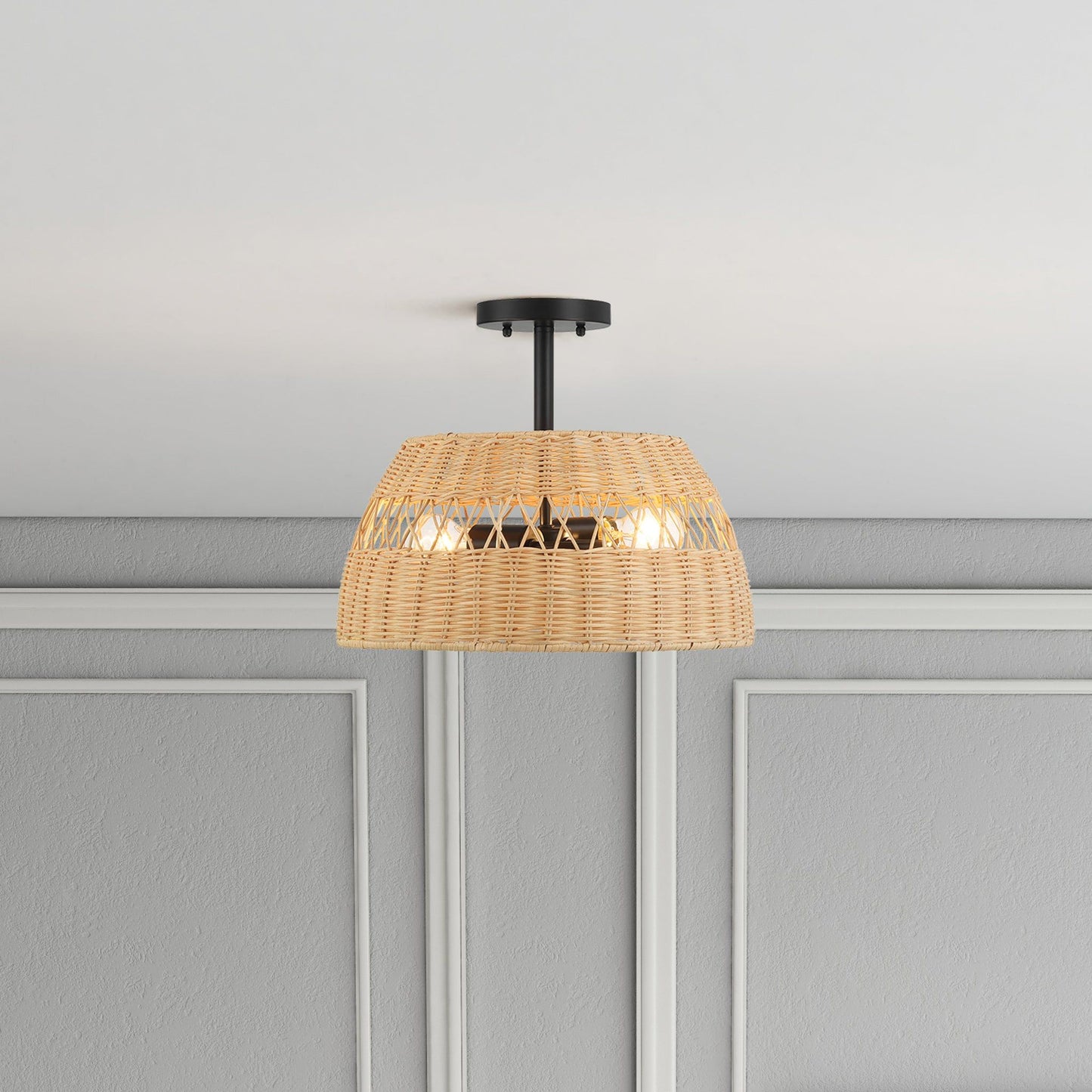 Twinkle - Double Lights Semi Flush With Shade - Black / Rattan