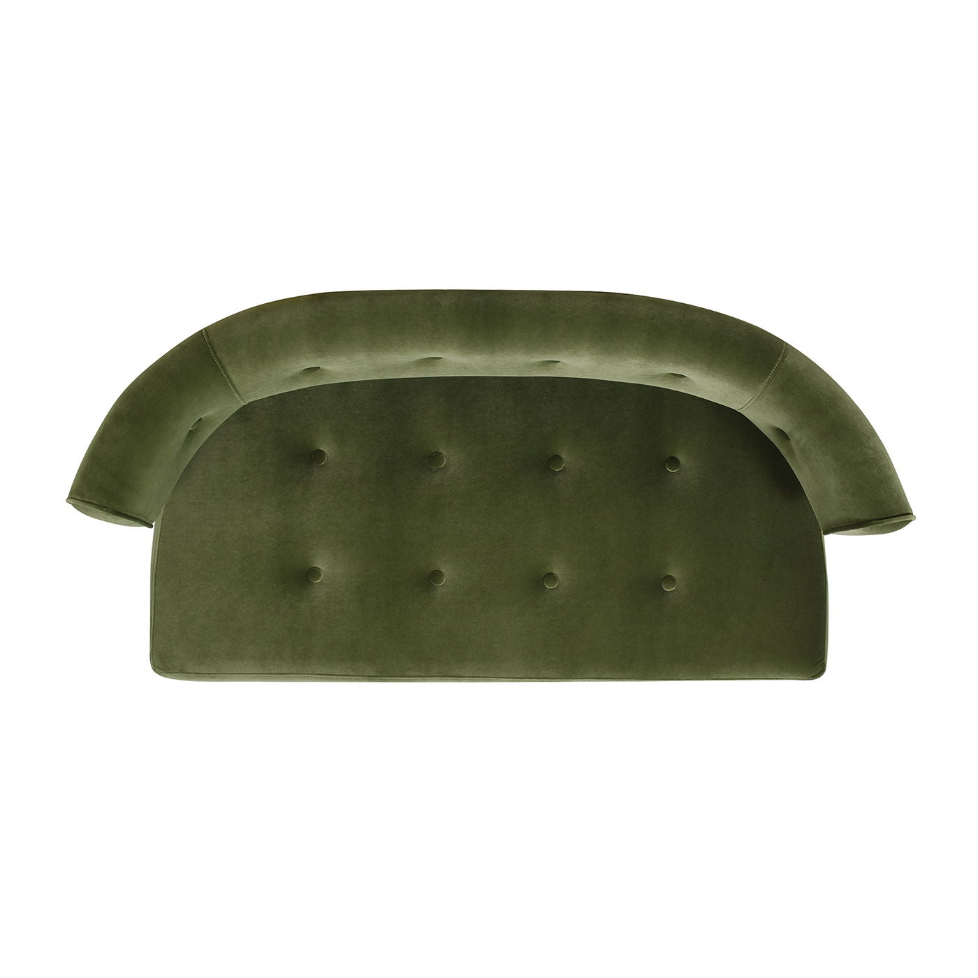 The Jared - Versatile Roll Arm Tufted Bench Settee in dark olive green velvet features curved armrests and a tufted backrest, shown from above on a white background.