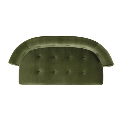 The Jared - Versatile Roll Arm Tufted Bench Settee in dark olive green velvet features curved armrests and a tufted backrest, shown from above on a white background.