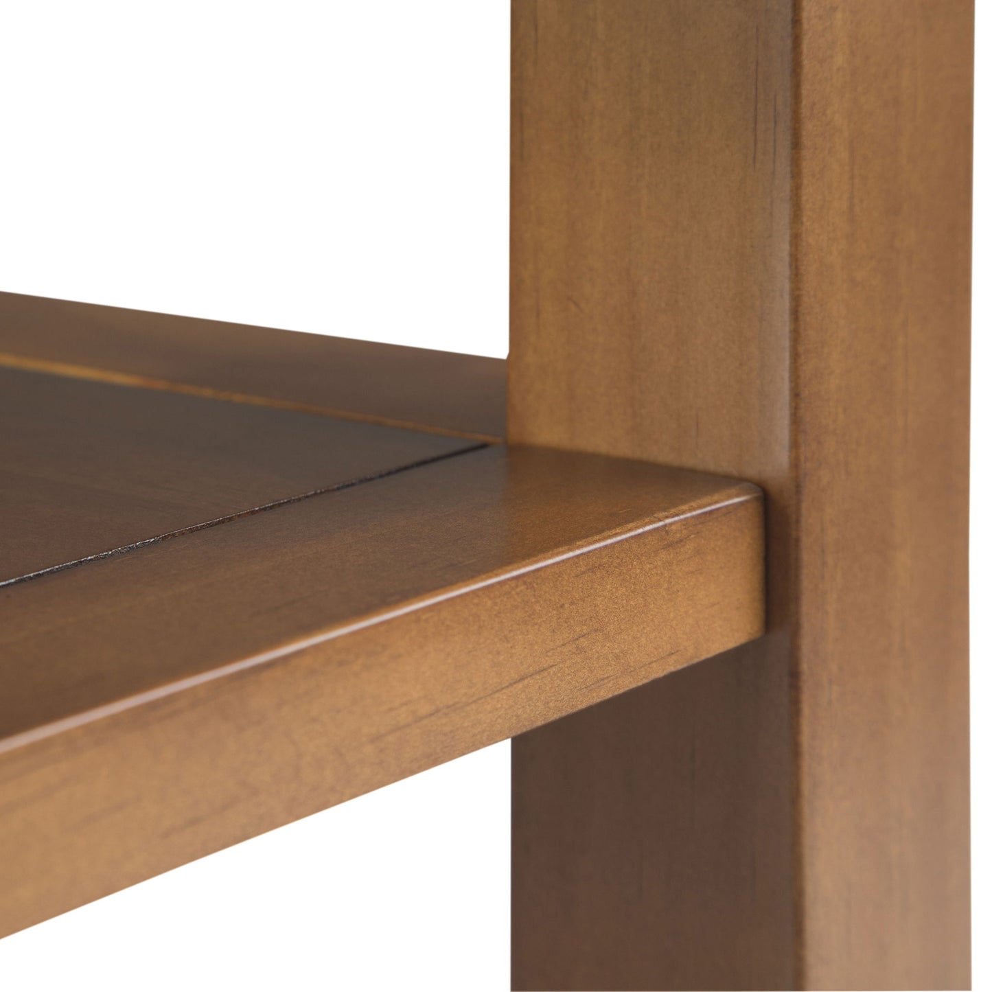 Close-up of the Acadian - Narrow Side Table, Handcrafted, highlighting the wooden shelf corner with a smooth brown finish and the precise joint between the horizontal shelf and vertical support.