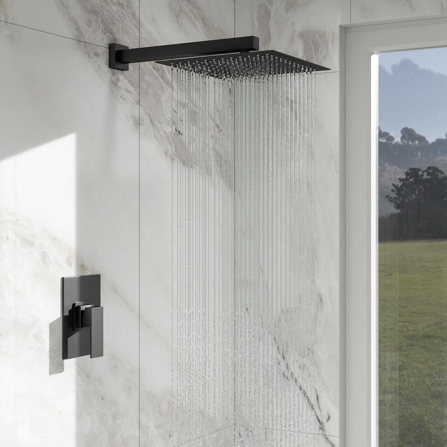 Shower Faucet Set With Rainfall Shower Head And Shower Valve, Stainless Steel And Brass